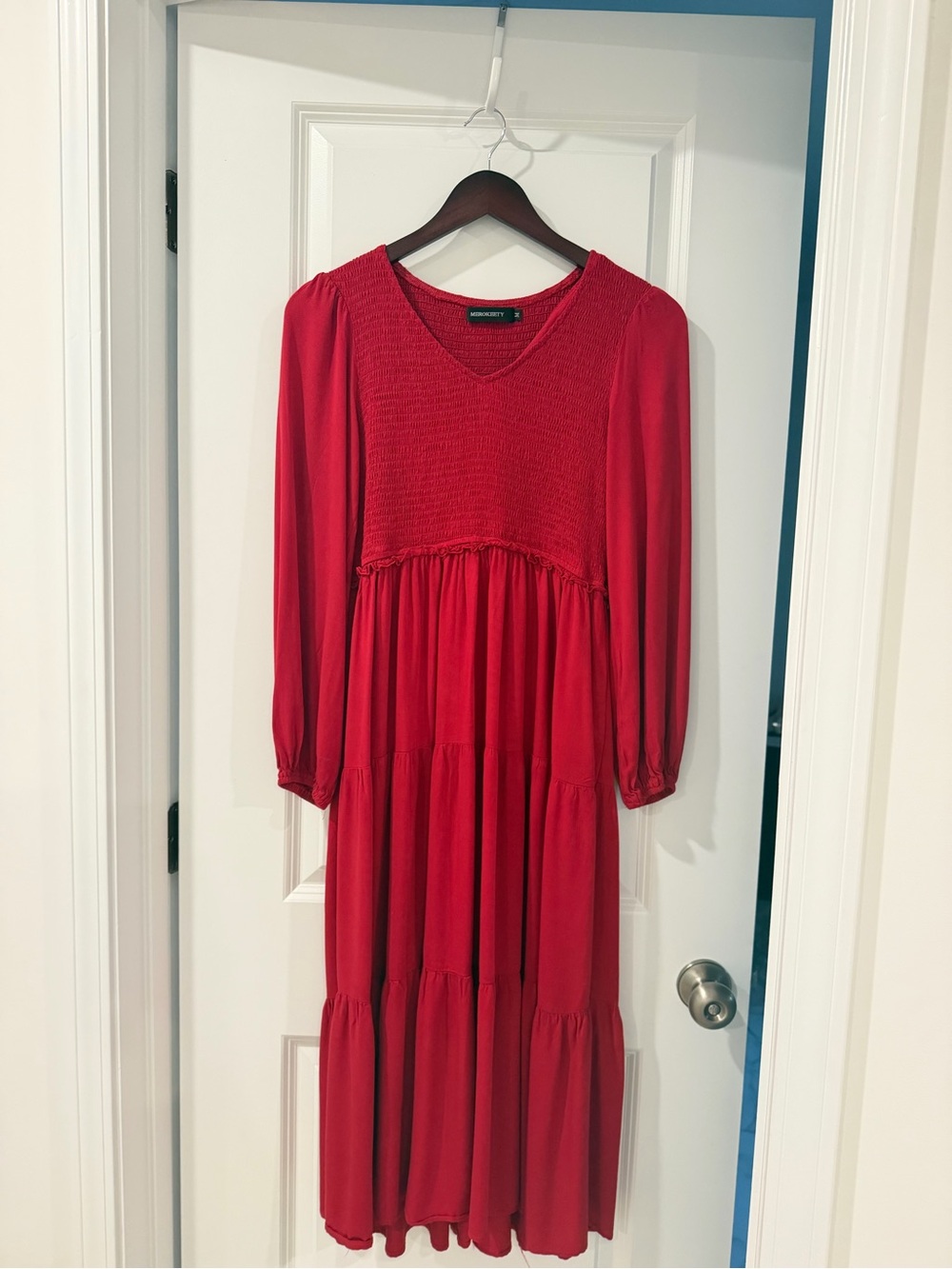 Vero Moda Red Smocked Tiered Maxi Dress with Long Sleeves